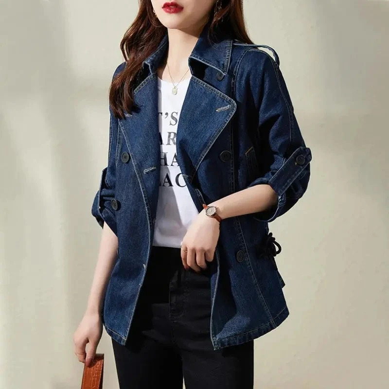 

2022 Spring Autumn New Trench Coat Fashion All-match Loose Denim Jacket Womens Nine-point Sleeve Double-breasted Jeans Jackets