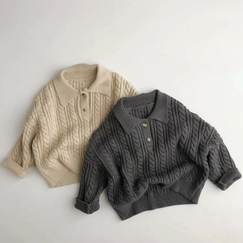 

1-6 Years Baby Sweater for Boy Girl Solid Color Twist Lapel Knit Top Spring Autumn Long Sleeve Loose Kids Clothes Girls Knitwear