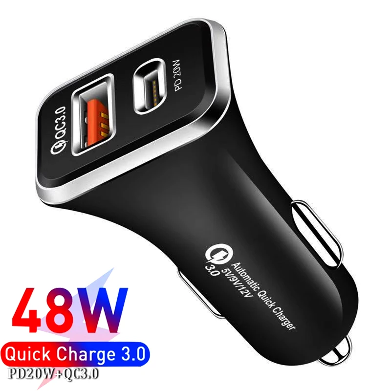 

USB Car Charger Fast Power Charging PD 20W+3.0 QC 28W Phone Adapter For iPhone 13 12 11 Pro Max Xiaomi Samsung car charger
