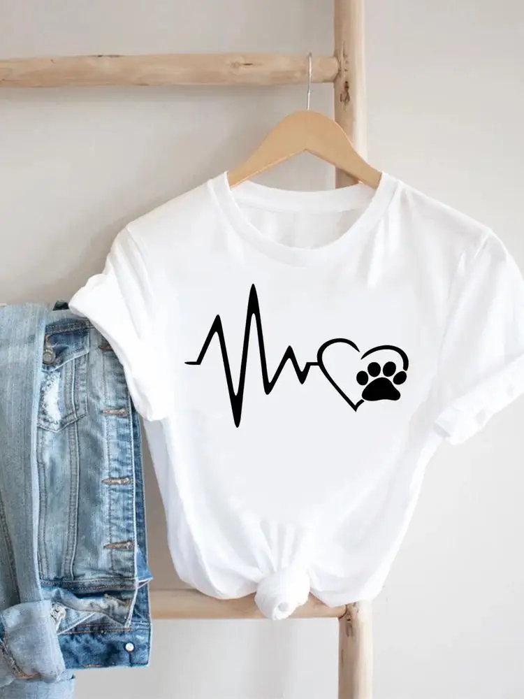 

Female Top Fashion Tee Heartbeat Paw Cat Dog Clothes Casual Summer Women Clothing Short Sleeve Print Tshirt Graphic T-shirt