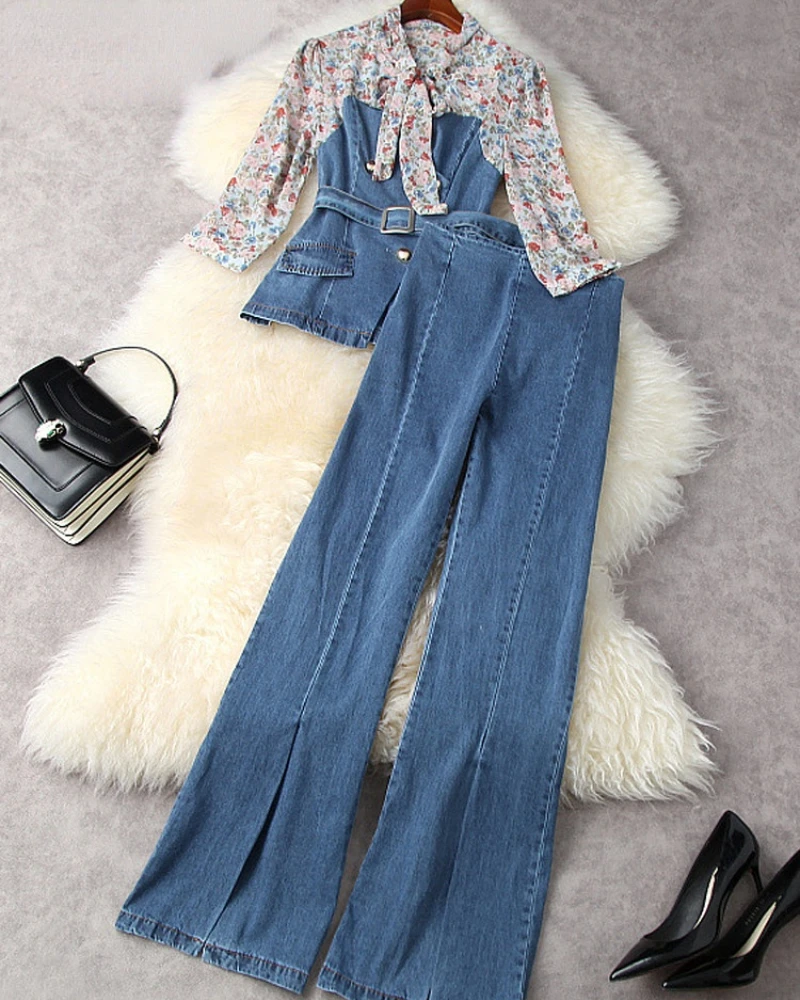 

Female Bow Collar Print Patchwork Denim Top and Trousers Suit Casual Outfits Blue Spring Fashion Womens Jeans Pants 2 Piece Sets