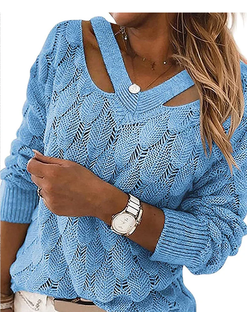 

2023 Autumn/Winter Fashion New Knitwear V-neck Sweater Women's Top Sexy Off The Shoulder Hollow Out Solid Color Knit Pullover