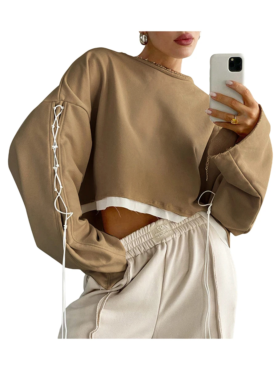 

Women Casual Fashion Cropped Sweatshirts Patchwork Crewneck Long Sleeve Short Autumn Winter Cross Tie-Up Loose Tops