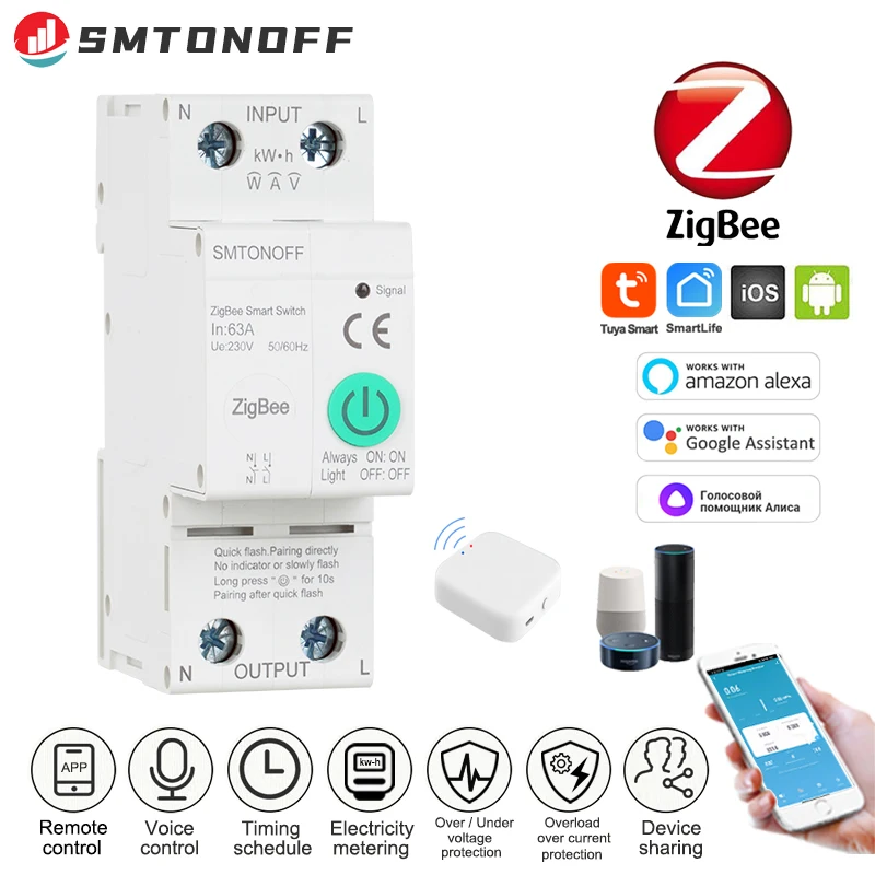 

SMTONOFF Tuya ZigBee Breaker lot switch prepaid meter over under voltage over load protection voice control alexa google Alice