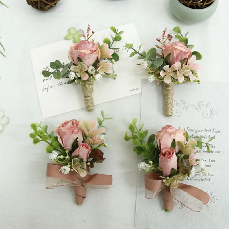 

Pink Boutonniere Accessoires Mariage Rose Flowers with Sash Wrist Corsage Buttonhole Men Witness Bride akcesoria ślubne