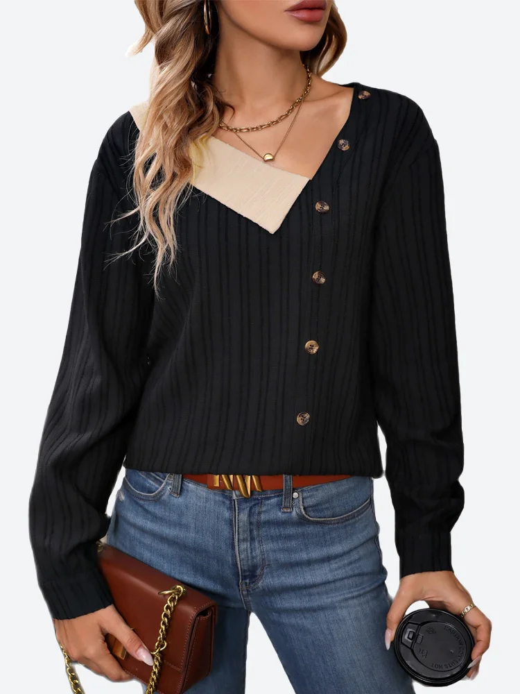 

Benuynffy Women Contrast Asymmetrical Neck Black Blouse 2023 Fall Fashion Long Sleeve Button Casual Rib Knit Tops and Blouses