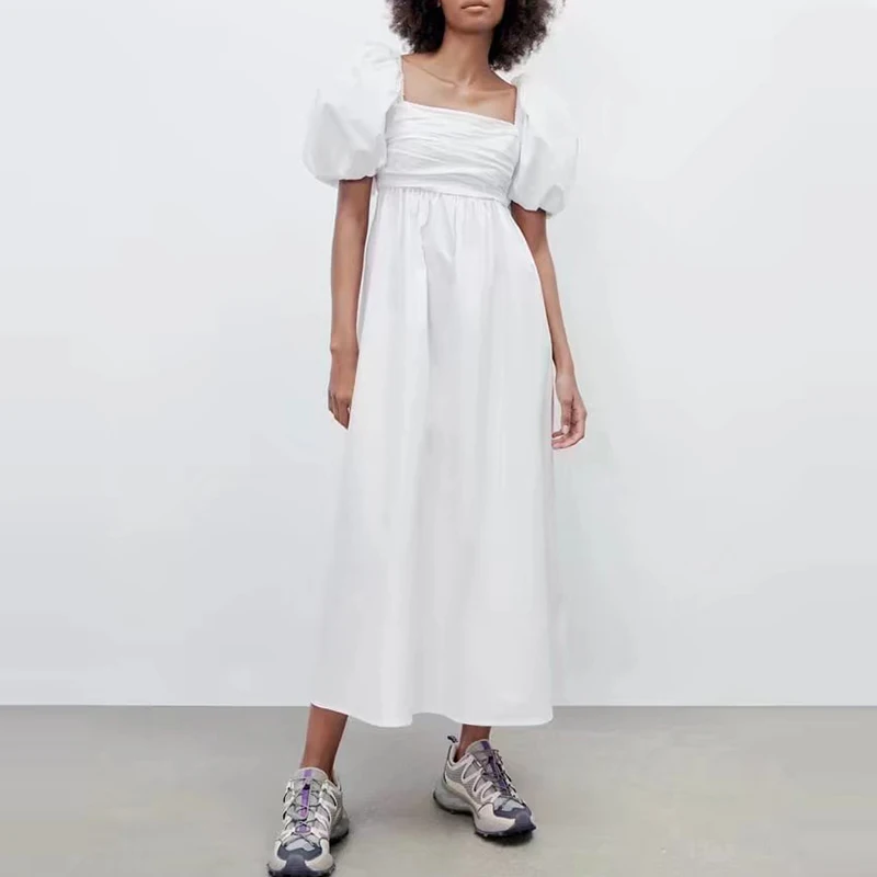 

2022 Summer Women White Poplin Dress Square Collar Short Sleeve Ladies Elegant Midi Chic Female Dress Vestidos