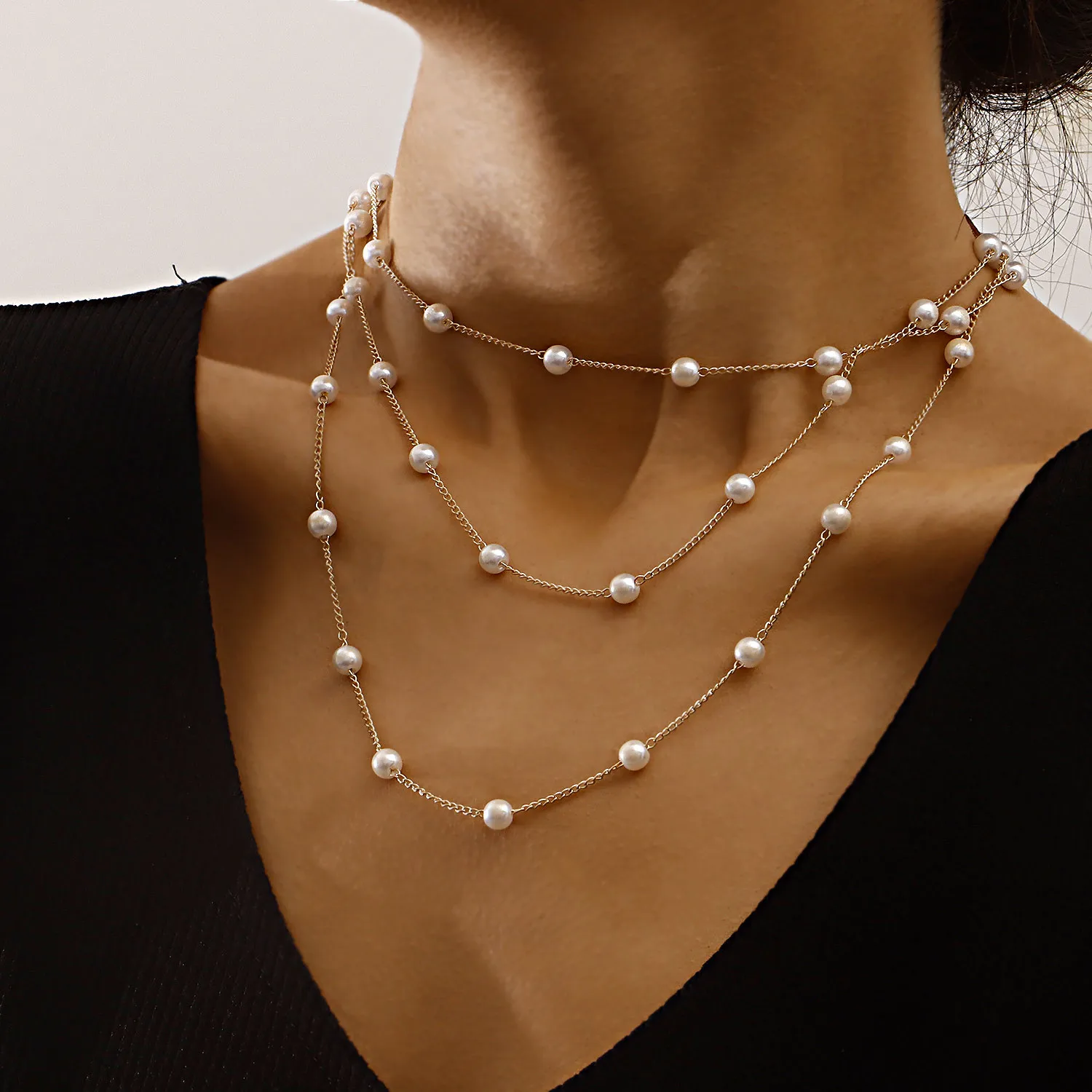 

Simple Layered Thin Chain Pearl Choker Necklace Gold Plated Multi Layer Pearl Necklace