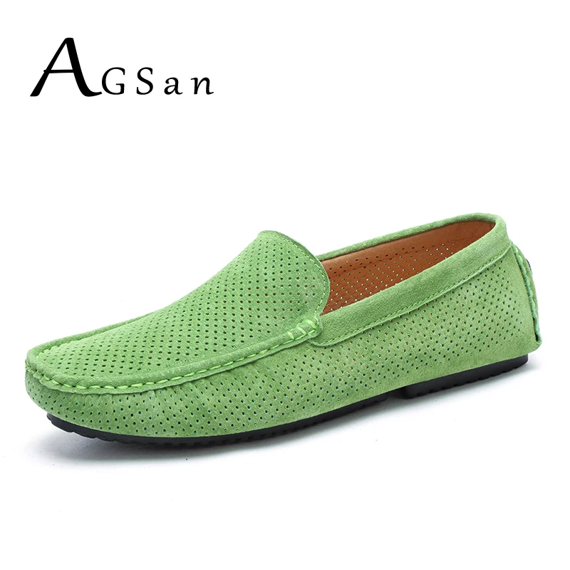 Summer Men Loafers Genuine Leather Casual Shoes Breathable Driving Shoes Fashion Moccasins Green Cow Suede Loafers Office Shoes