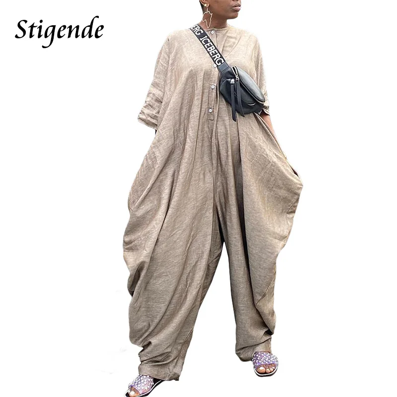 

Button Up Bodycon Wide Leg Long Jumpsuit Summer O Neck Short Sleeve Loose Jumpsuit Women Casual Solid Color Pocket Harem Pant