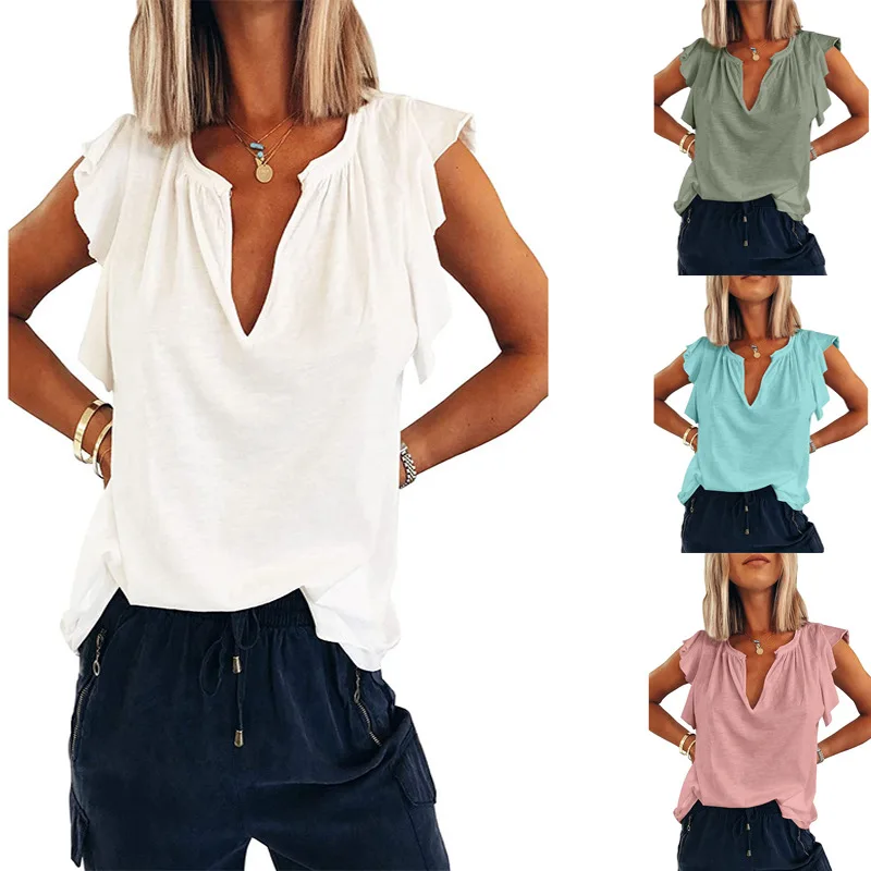 

Women Top T-Shirt V-Neck Short Sleeve T-Shirt Loose Casual Pullover T-Shirt V-neck Ruffle Sleeves Classic Commuter Pullover