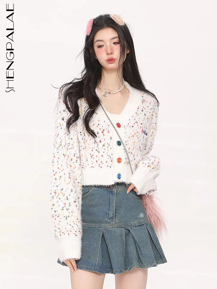 

SHENGPALAE разноцветный свитер в горошек для женщин Модный контрастный цвет v-образный вырез однобортный вязаный кардиган осень 2023 Новинка 5R5186