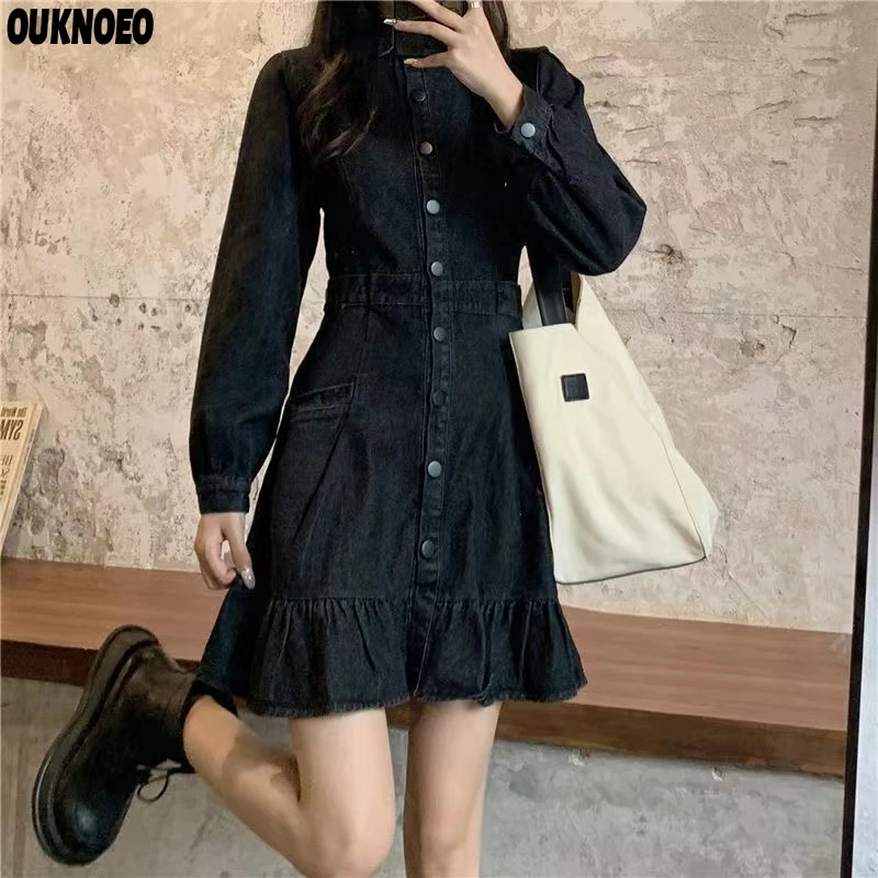 

Women's Denim Dress Loose French Korean Style Spring Long Sleeves Single-Breasted Skirt 2022 Show Thin Slim Waist Woman Dress