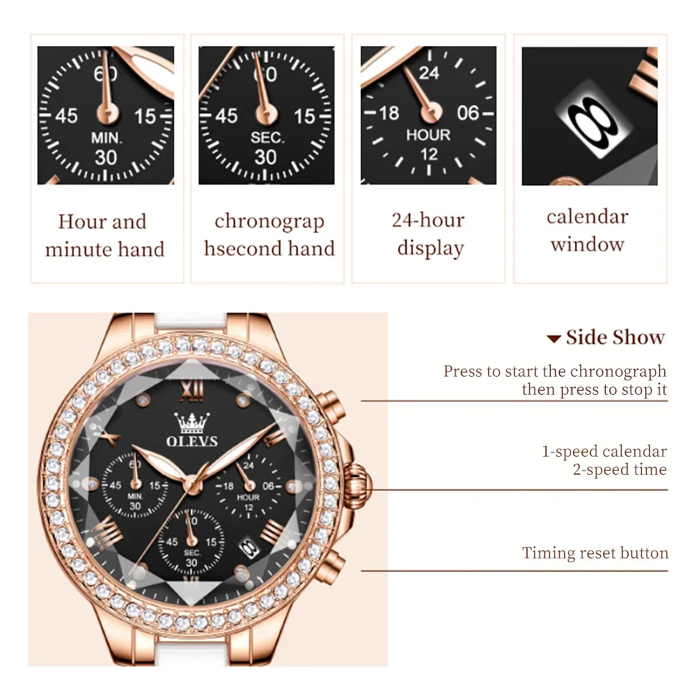 OLEVS Роскошные кварцевые часы с бриллиантами для женщин зеркальный хронограф