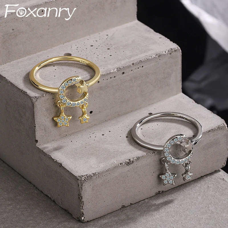 

FOXANRY 925 пробы серебряные обручальные кольца для женщин модные элегантные сверкающие циркониевые Звезды Луна кисточки невесты Ювелирные изд...