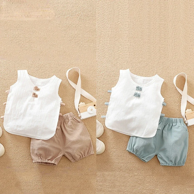 

Infant Suit Summer Newborn Baby Clothes Cotton T-shirt Short Sleeve Shorts Two Piece Set Baby Sleeveless Linen Playsuits 0-2Y