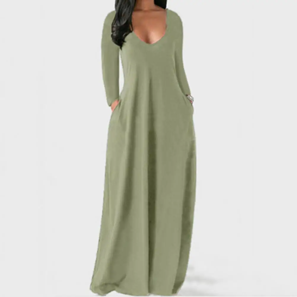

Women Dress Soft Breathable Ladies Maxi Dress V-neck Long Sleeves Pockets Spring Dress
