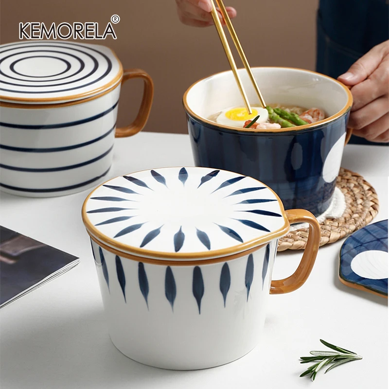 

Instant ceramic bowl with handle and cover, home, salad, Japanese style, creative tools, instant noodle bowl