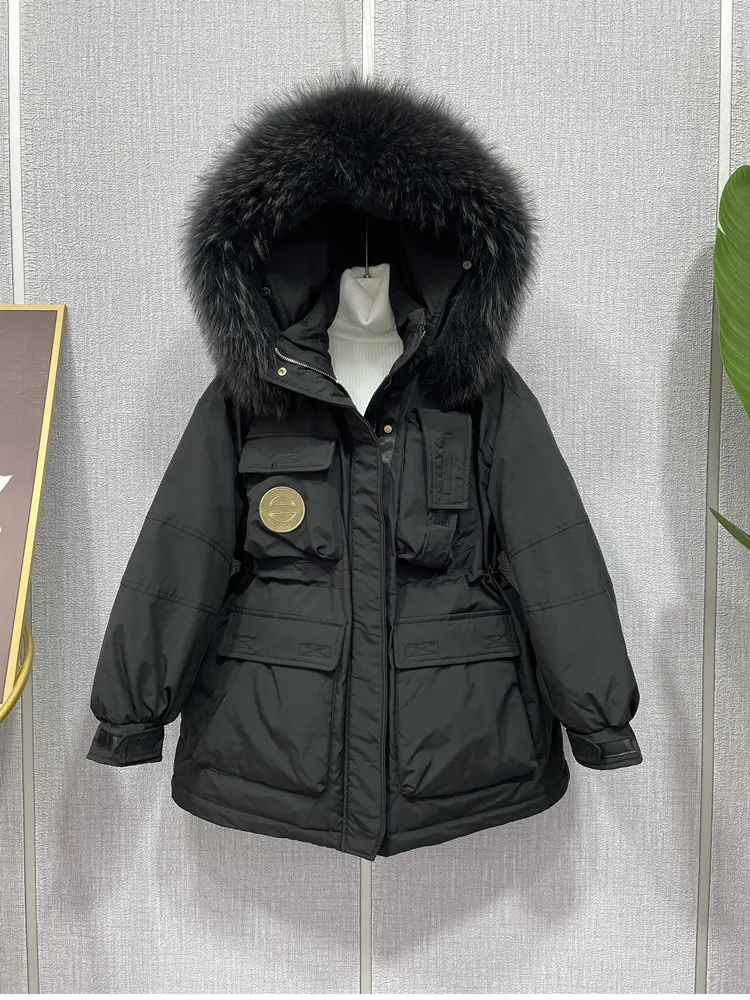New Women Raccoon Fur Collar Down Jacket Casual Style Autumn Winter Long Coats And Parkas Female Outwear