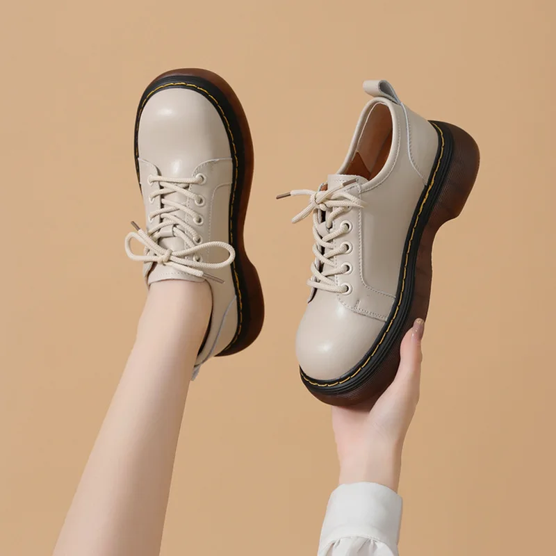 Thick Bottom British Style Small Leather Shoes Women 21 New Casual Round Toe Single Shoes Beef Tendon Bottom short Shoes Women