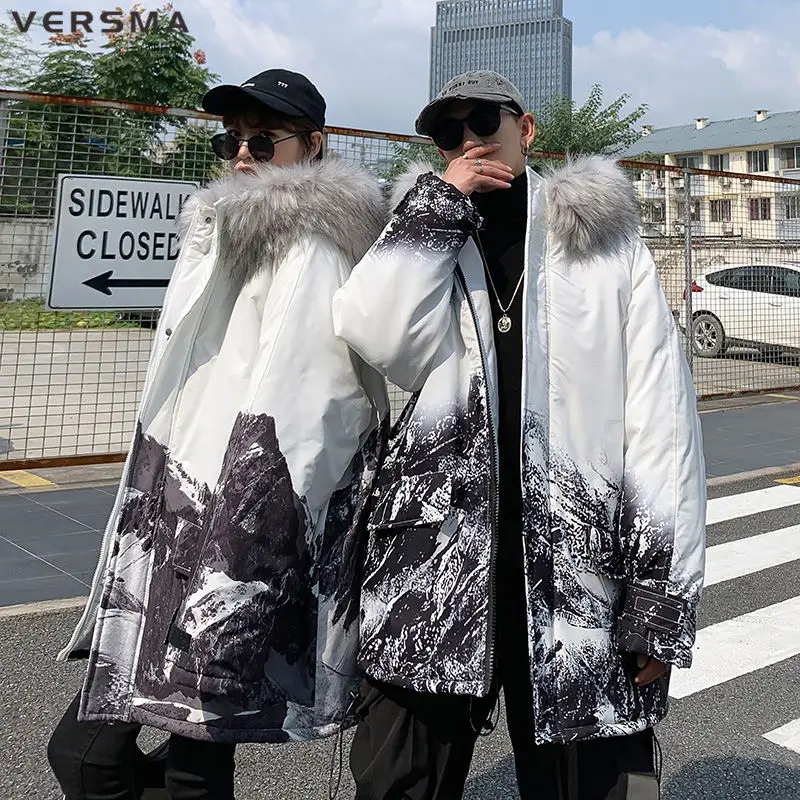 VERSMA Japanese Harajuku Retro Snow Mountain Print Fur Collar Men Parka Winter Hooded Hip Hop Couple Jacket Men 5XL Dropshipping