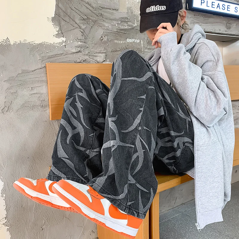 Blue/Black Baggy Jeans Men Fashion Print Casual Straight Jeans Men Streetwear Hip Hop Loose Denim Pants Mens Trousers M-3XL