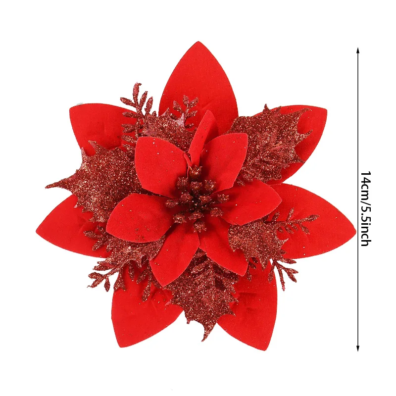 5szt Świąteczne brokatowe kwiaty Xmas Tree Decor 14cm Sztuczne ozdoby kwiatowe Ozdoby świąteczne do domu Nowy Rok Navidad