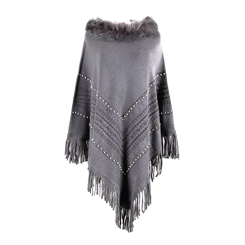 

Autumn Winter New European American Capes Shawl Imitation Wool Collar Nail Bead Tassel Sweater Ponchos Lady Cape Gray Cloak