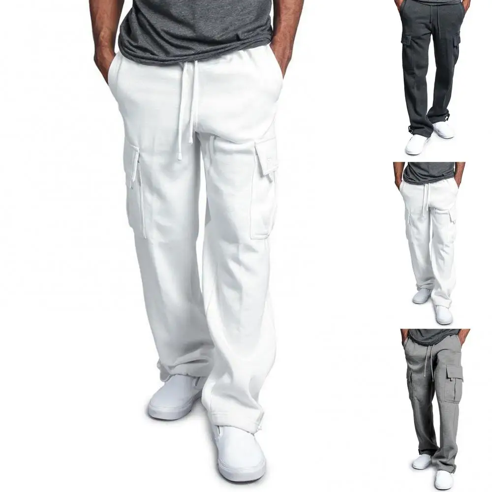 

Men Solid Color Multi Pockets Trousers Drawstring Loose Sports Straight Pants Men Multi Pockets Trousers Loose Sports Pants