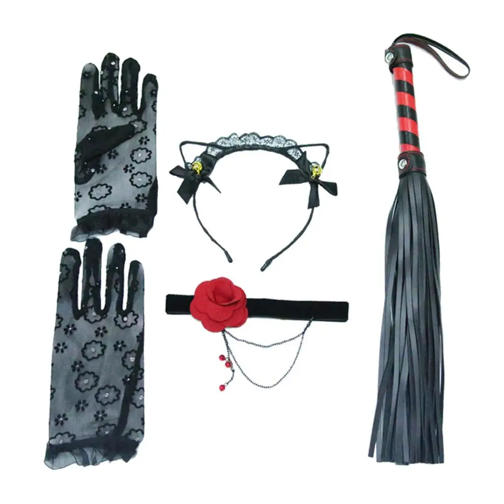 Leather Whip Spanking Lace Cat Ear Headband Choker Glove Cosplay