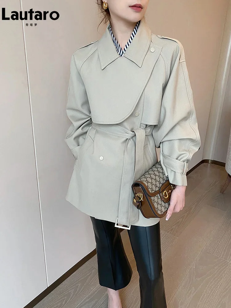 

Lautaro Spring Autumn Chic Trench Coat for Women with Raglan Sleeve Belt Double Breasted Luxury Designer Clothes 2023