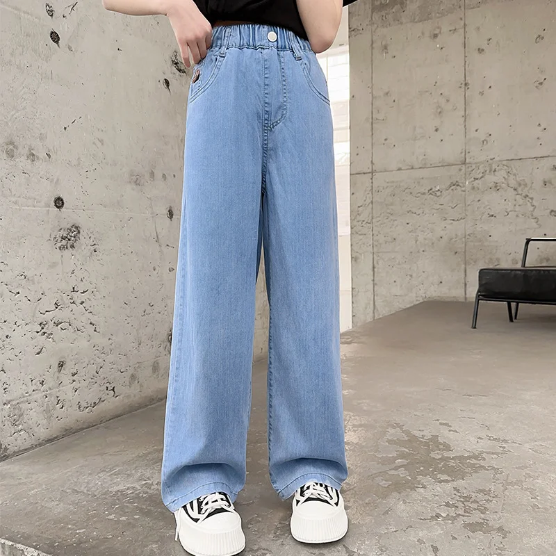 

Girls Tencel Jeans Thin Wide Leg Pants In Summer 2023 New Children Loose Straight Denim Pants Solid Light Blue Teenage Clothes