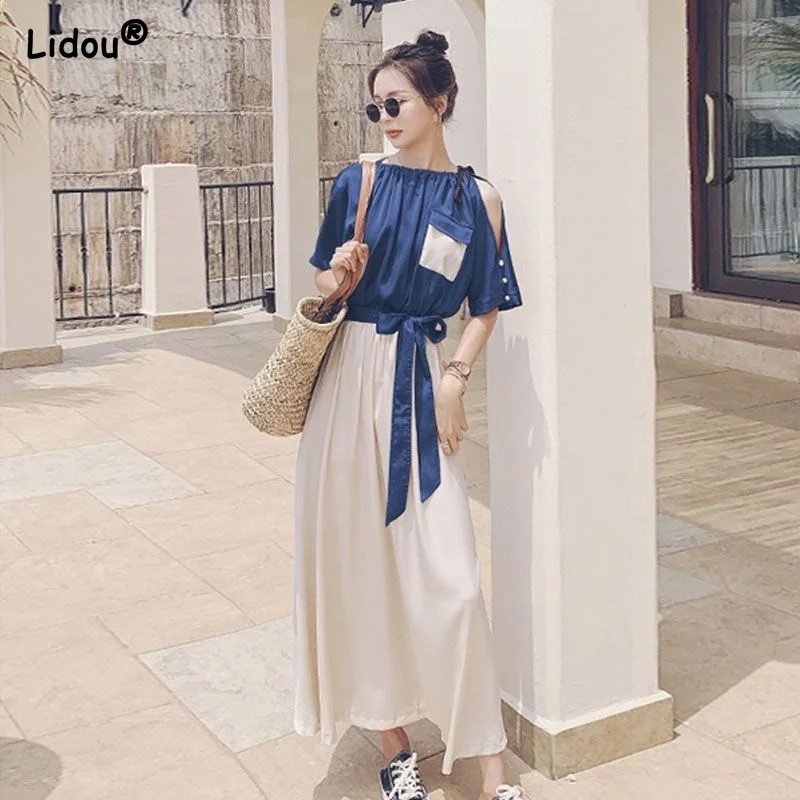 

Young Style O-neck Off Shoulder Casual Summer Dress Solid Color Patchwork Empire Belt Pockets Fashion Women's Clothing 2022