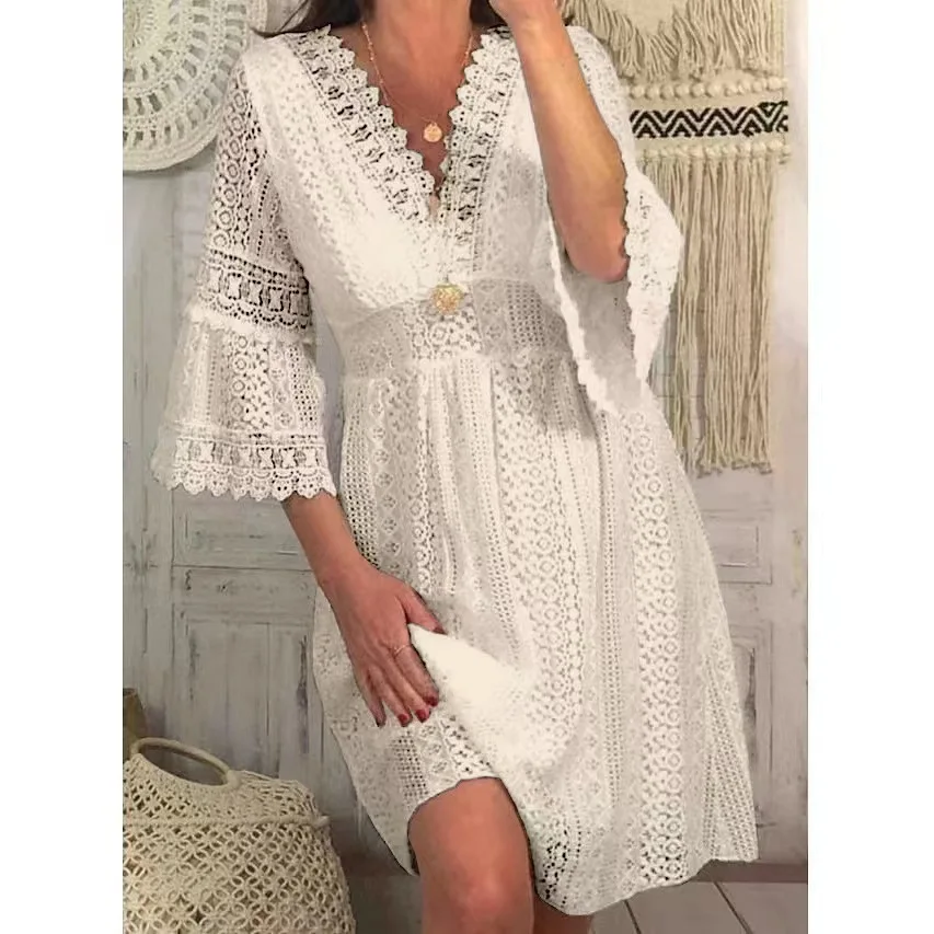 

2023 Autumn Women's Dress Lace V-neck Hollow Out Flare Sleeve White Dresses Female Sexy Fashion Elegant Ladis Party Clothes