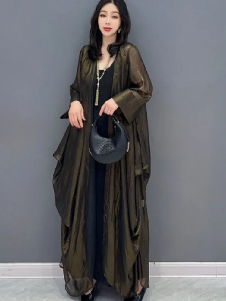

URIOR 2023 Spring Summer New Mesh Splicing Casual Two Sided Windbreaker Coat Loose Color Matching Long Sleeve Trench Coat
