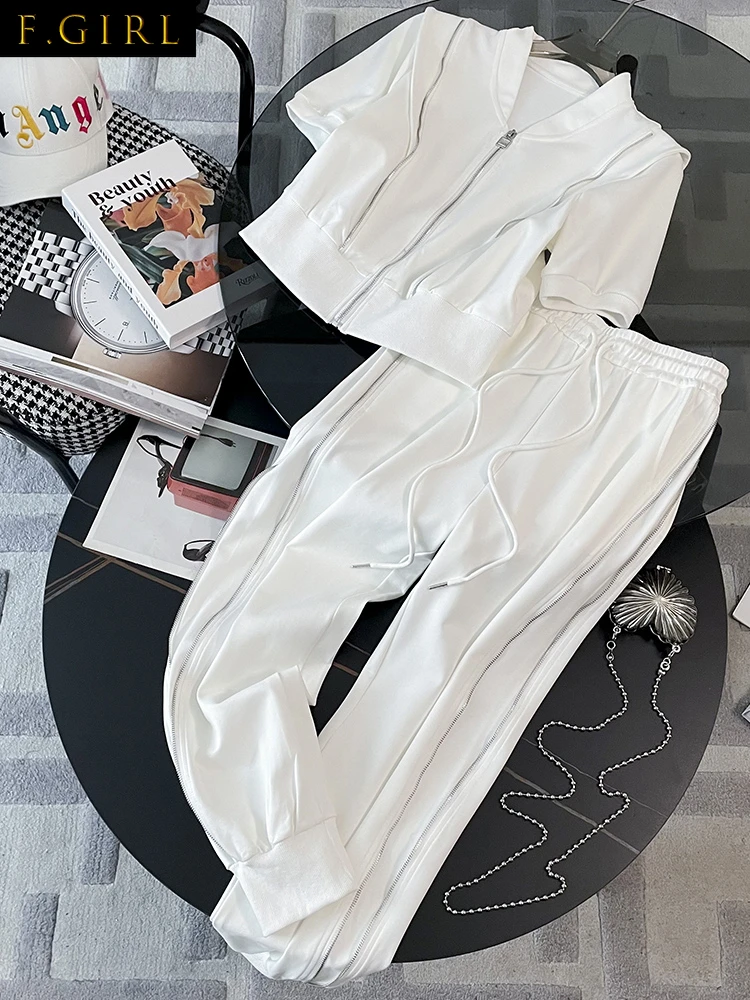 

F GIRLS Summer V Neck Short Sleeve Elegant Two Piece Set Tops Pants 2023 Fashion Streetwear Zipper Wide Leg Trousers Sports Casu