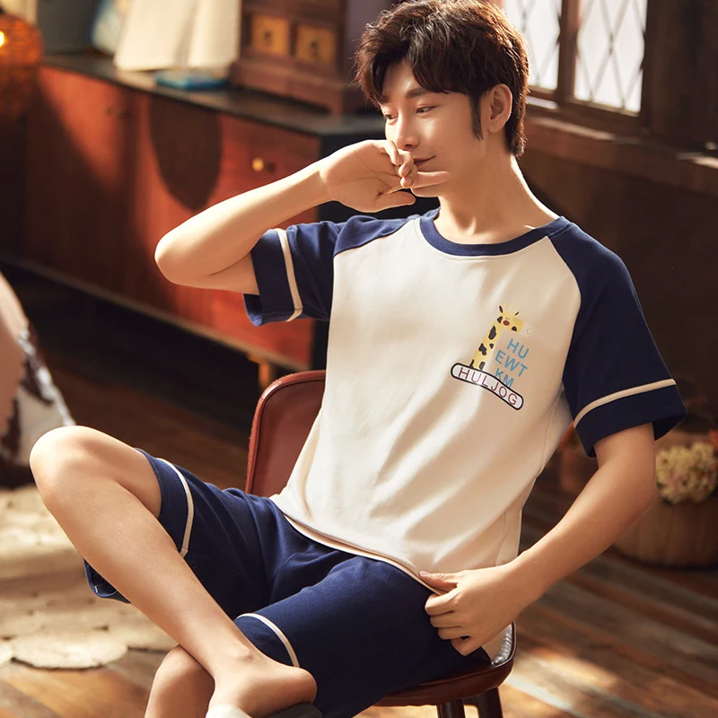 2 Pieces Set Short Sleep Tops Pant Man's Pajamas Set Cotton Sleepwear Summer Thin Homewear Korean Casual pijama masculino