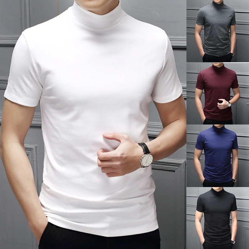 

Short Sleeve Tee T-Shirt Tops Pullver Elegant Trendy Solid Color Slim Half High Collar Slim Body T-Shirt Spring And Summer Men