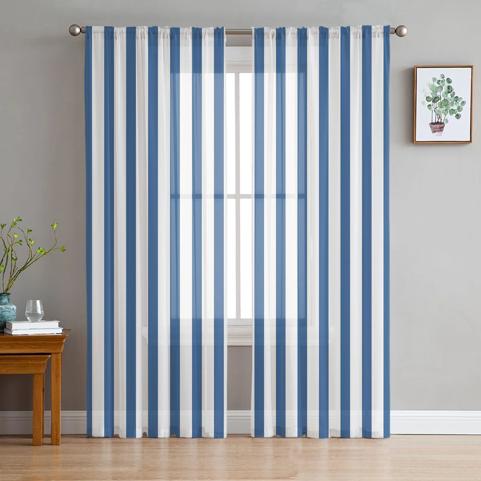 

White Blue Stripes Geometric Sheer Curtains Window Treatment for Kitchen Living Room Bedroom Decoration Modern Tulle Curtains