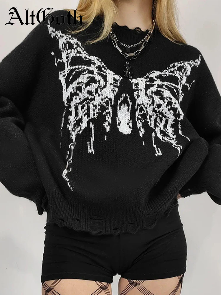 

AltGoth Dark Academia Gothic Sweater Women Streetwear Harajuku Butterfly Pattern Hole Loose Knit Pullover Emo Alt Grunge Outfits
