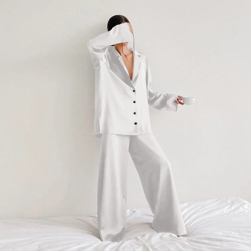 Women's  2 Piece Pajamas Sets Loose Pijama Oversized Satin Sleepwear Lapel Long Sleeve Shirt Trouser Loungewear Female Pyjama