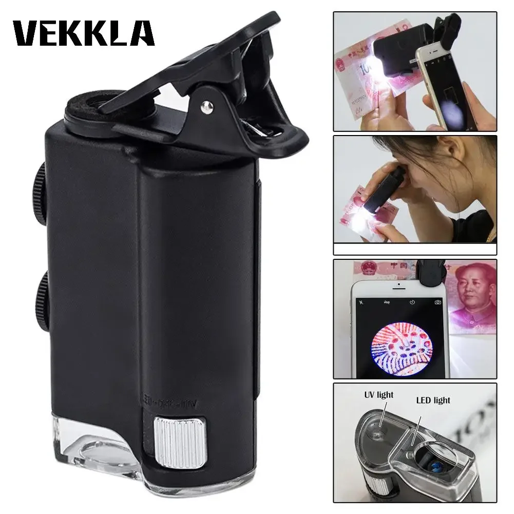 

Портативная Лупа, увеличительное стекло для ювелирных изделий, 60X-100X, светодиодный сотовый телефон с клипсой, карманная с УФ-подсветкой, определение валюты, биологическая оценка