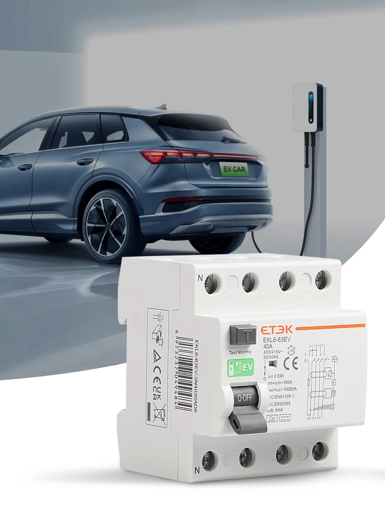 ETEK RCCB Тип EV 2P 4P Автоматические выключатели утечки земли для автомобиля Evse зарядная станция RCD 40A 63a 30 мА стандартная 10 ка Din-рейка