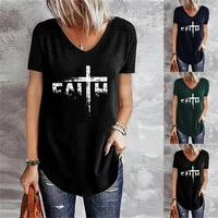 new fashion comfortable womens plus size loose v neck top casual print pullover black short sleeve t shirt summer women
