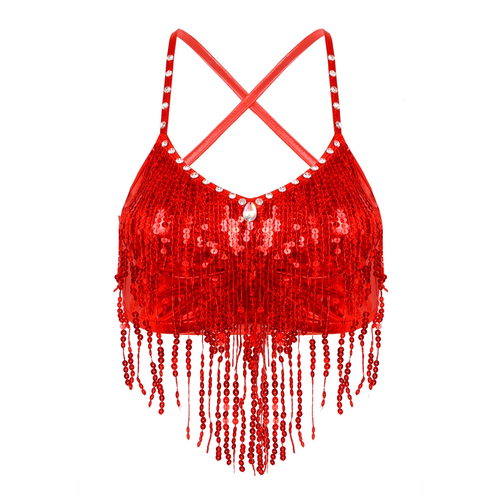 

Womens Fringed Crop Top Rhinestone V Neck Sleeveless Camisole Tops Shiny Sequin Vest Tops Belly Dance Performance Costumes