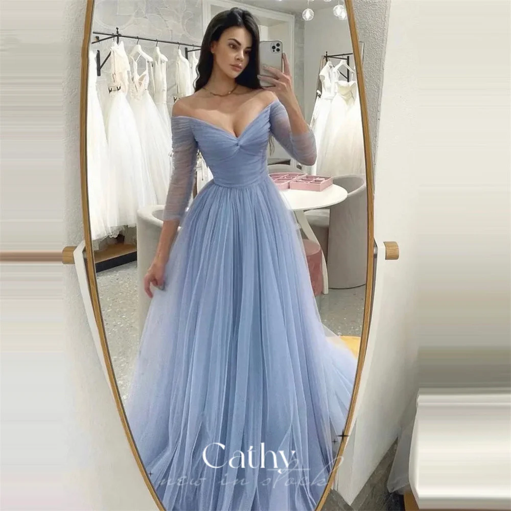 

Cathy Baby Blue Prom Dress Long Sleeve A-line Evening Dress فساتين مناسبة رسمية Elegant Tulle V-neck Prom Gown 2023