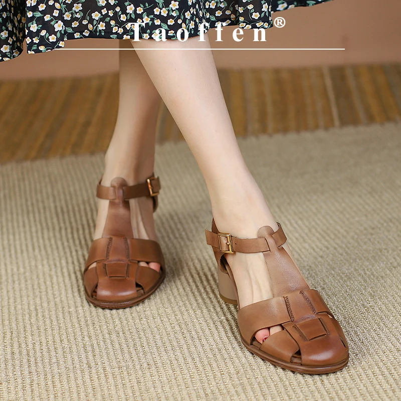 

Brand Genuine Cow Leather Sandals Cylindrical Heels Women Gladiator Sandals Closed Toe Retro Roma Sandals Ankle Strap 2023 Trend