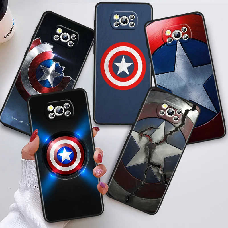 

Marvel Captain America Shield Phon Case For Xiaomi POCO C50 C40 C31 C3 M5S X4 M4 M3 F4 F3 GT F2 F1 X3 NFC X2 Pro Black Cover