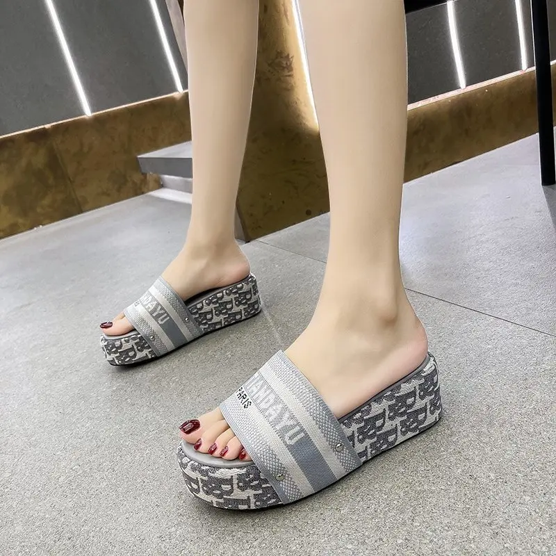 

Heels Sandals Women Suitable for Outdoor Slippers Canvas Material Wedge Platform Sandals Summer New Designer Woman Slipper