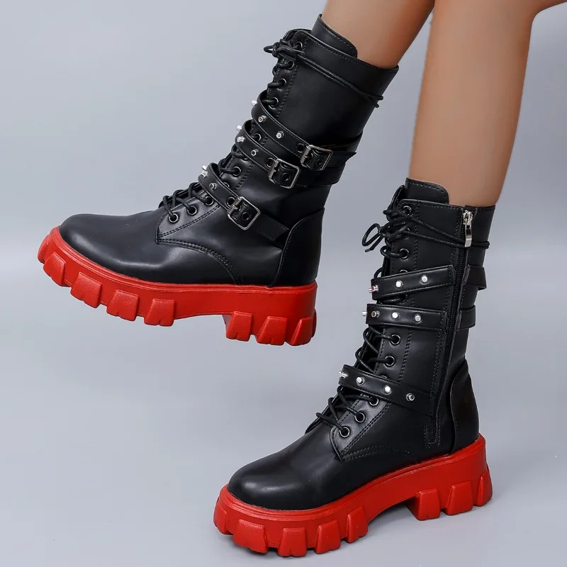 

Hot Motorcycle Boots 2024 Autumn Fashion Black Red Gothic Platform Buckle Chain Punk Rivet Combat Boots Large Size Women's Shoes